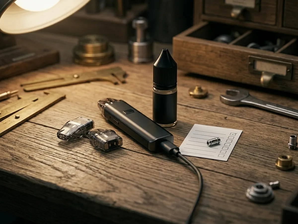 Reusable vape kit with charging port, refillable pod and replacement pod components shown clearly.