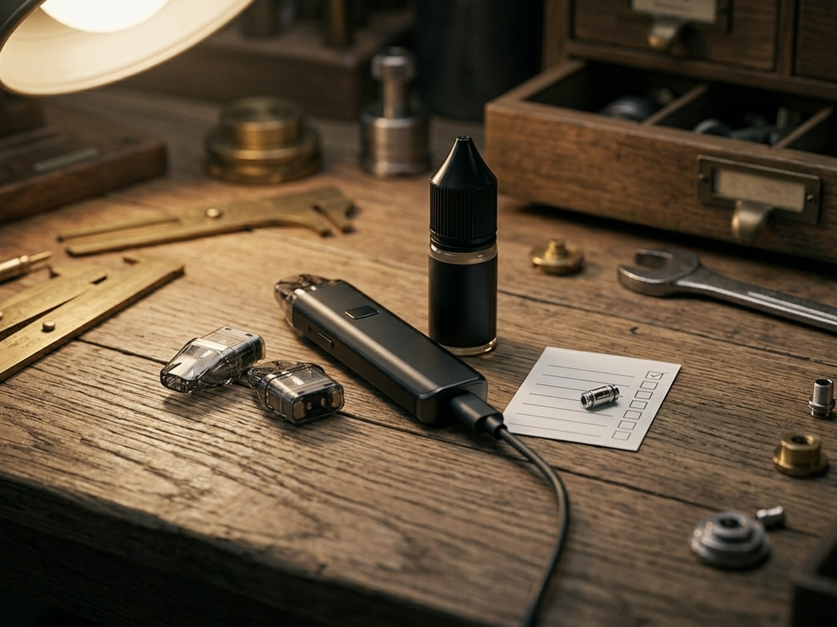Reusable vape kit with charging port, refillable pod and replacement pod components shown clearly.