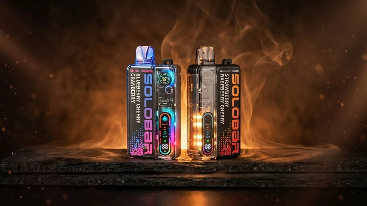 A real prefilled pod vape kit resting on a dark surface with subtle heat-shimmer and faint vapour rising, warm amber backlight conveying ove