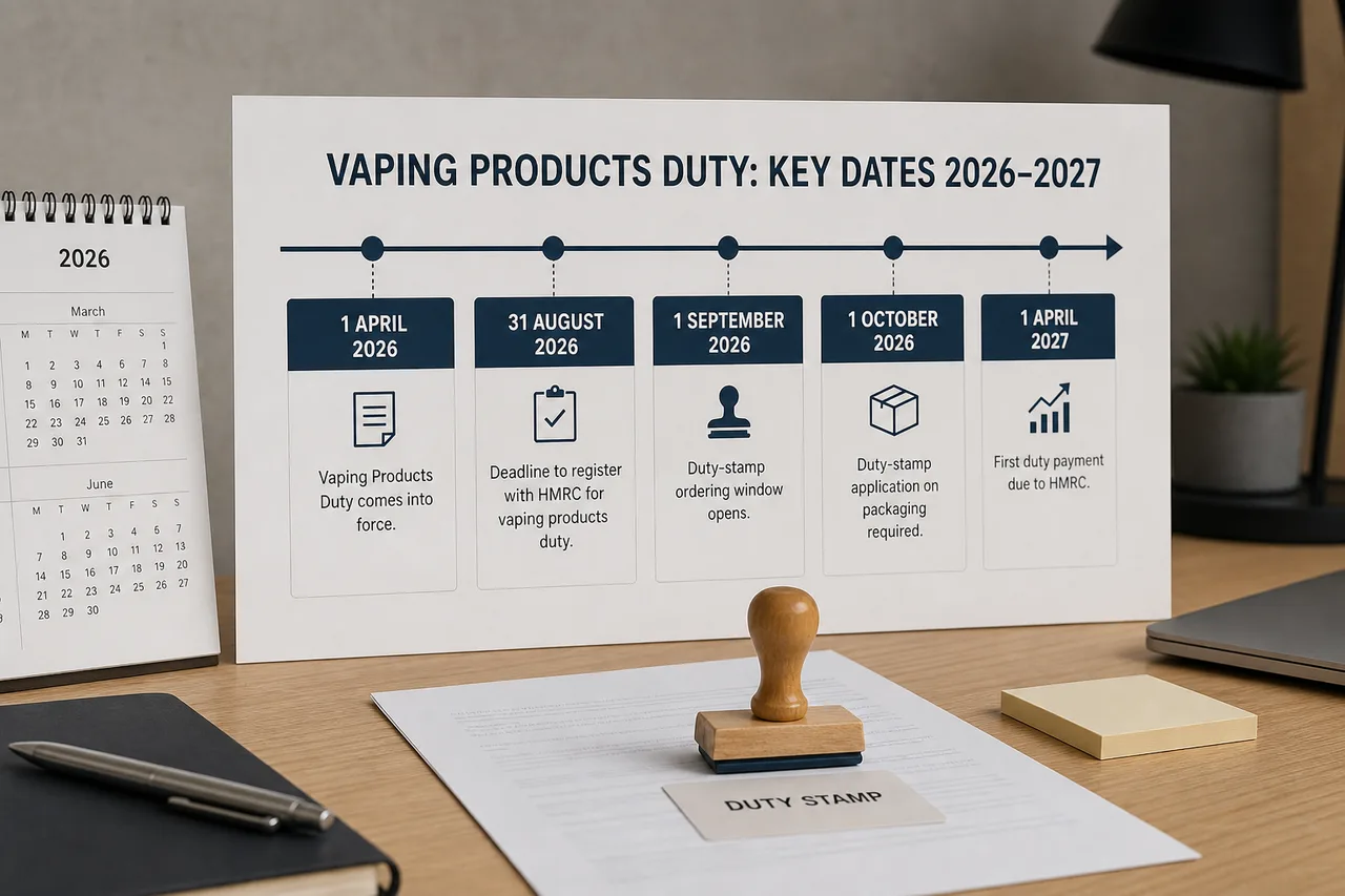 Timeline graphic for Vaping Products Duty and duty-stamp dates