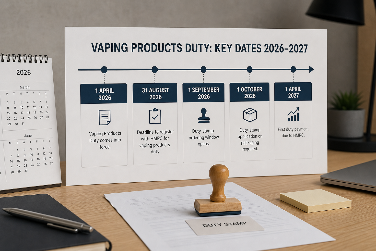 Timeline graphic for Vaping Products Duty and duty-stamp dates