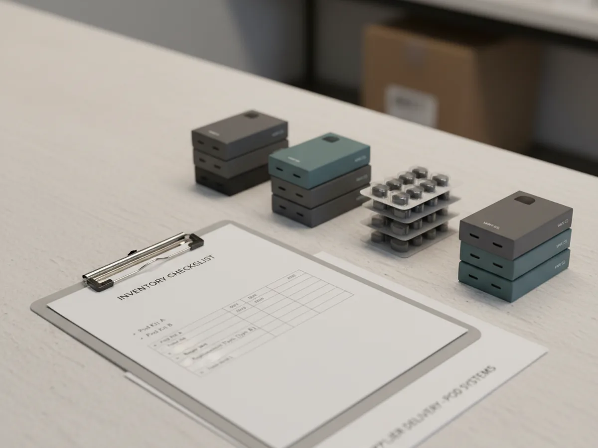 Editorial still life of refillable pod kits, pods, and a stock checklist for a UK vape retail continuity article.