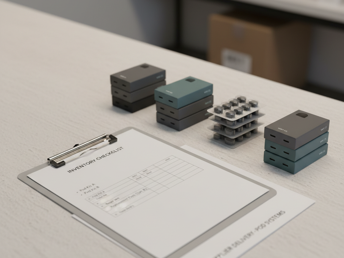 Editorial still life of refillable pod kits, pods, and a stock checklist for a UK vape retail continuity article.