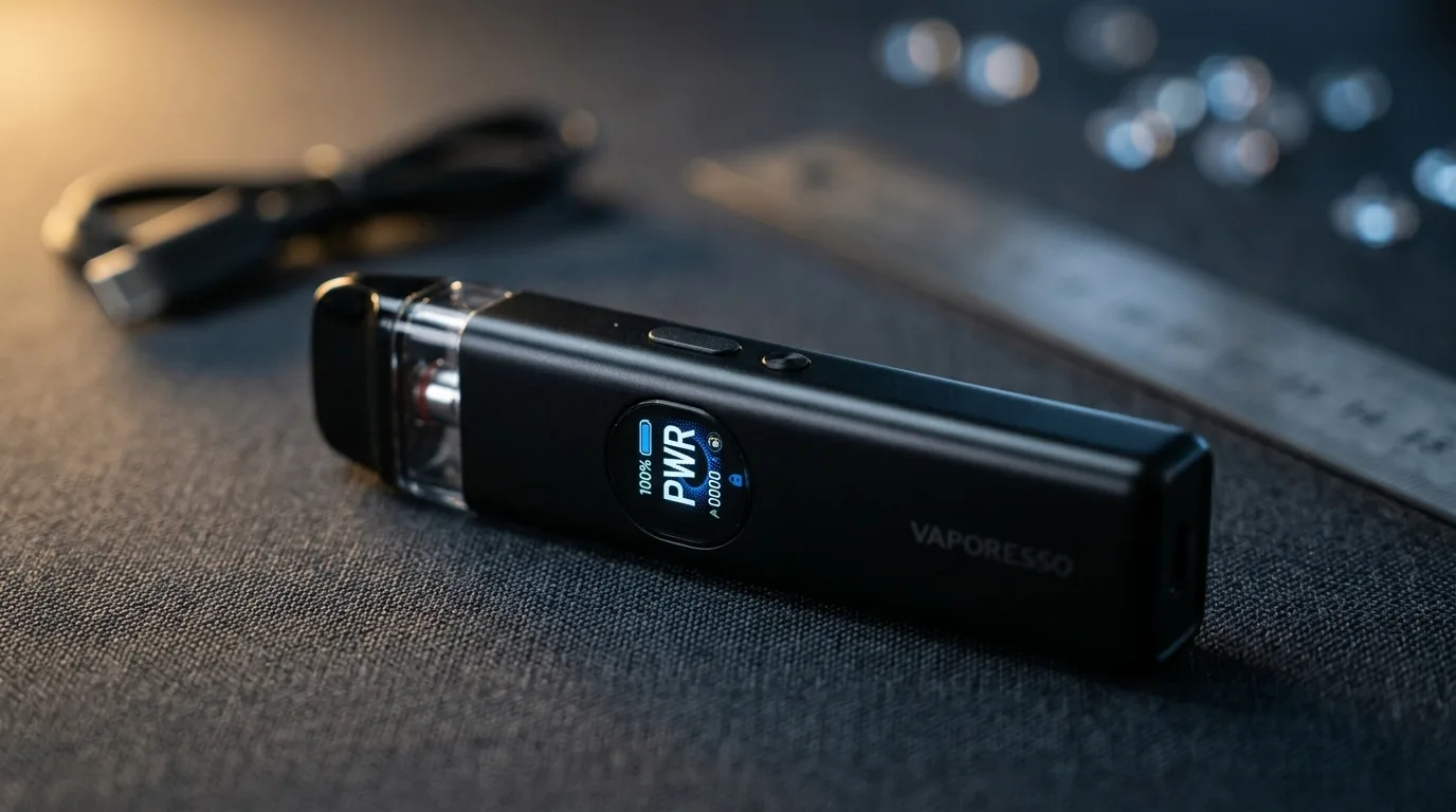 Close-up of the Vaporesso XROS 5 screen and control area.