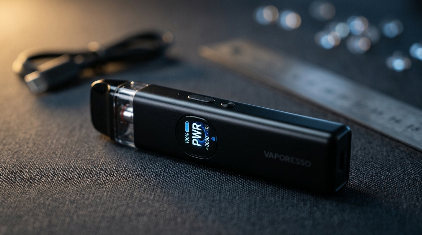 Close-up of the Vaporesso XROS 5 screen and control area.