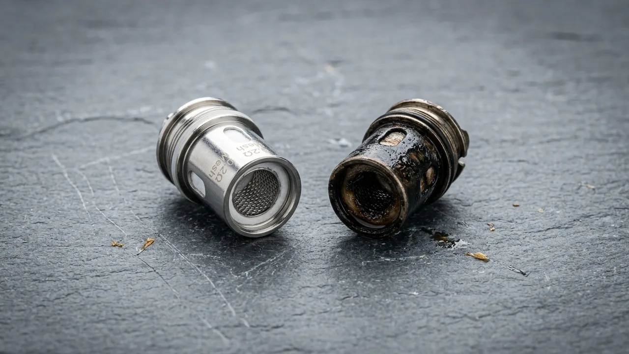 Two coils side by side on a slate surface — one pristine silver mesh, one blackened and spent — crisp even top light, clean comparison shot