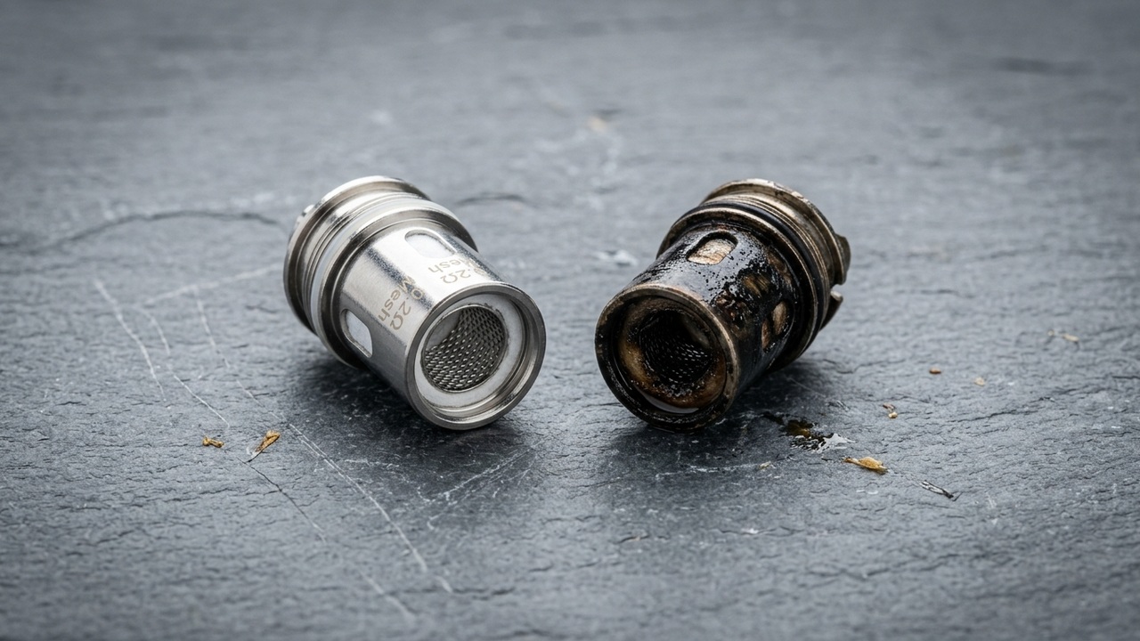 Two coils side by side on a slate surface — one pristine silver mesh, one blackened and spent — crisp even top light, clean comparison shot