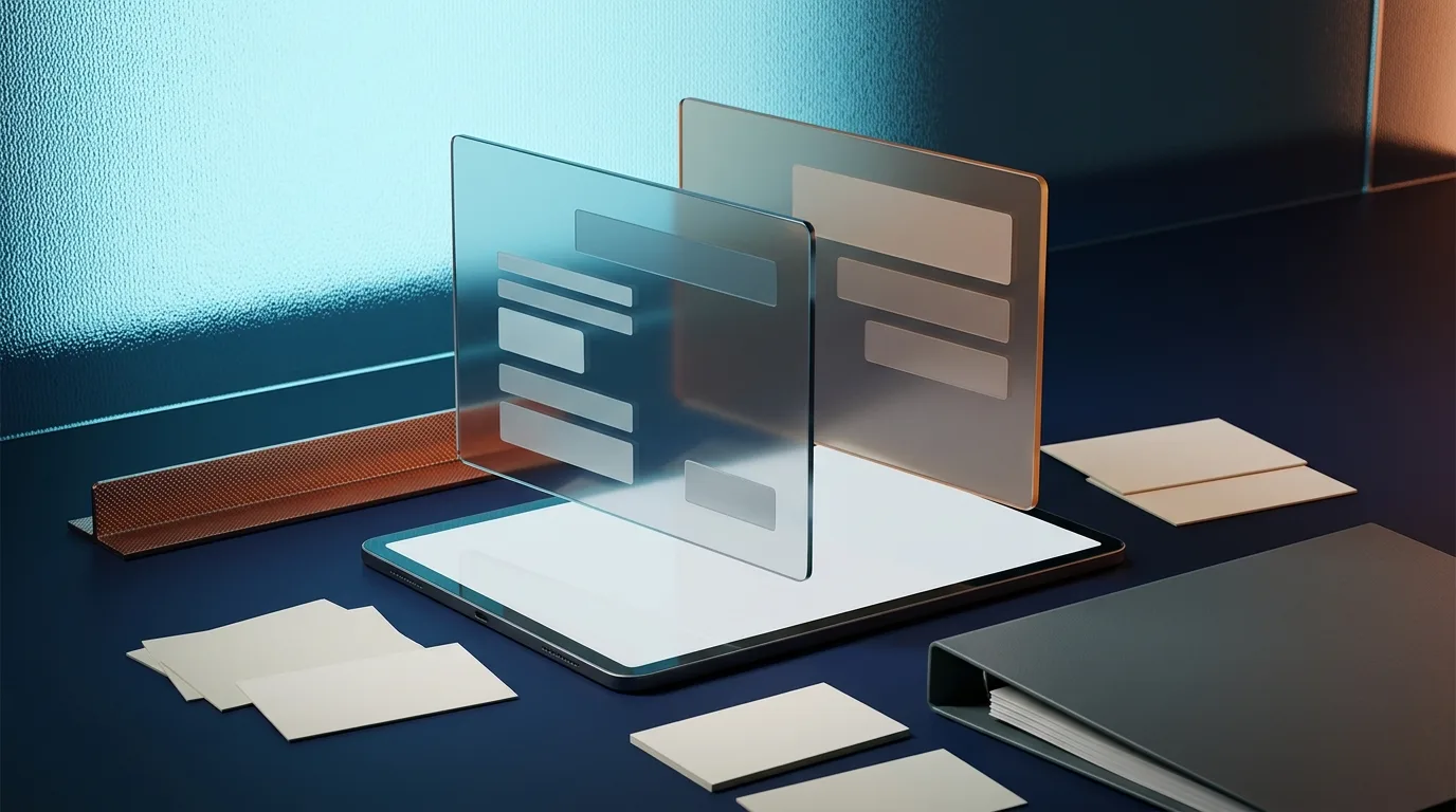 Abstract glass interface panels and blank review cards showing the difference between factual own-site information and pushed promotion.