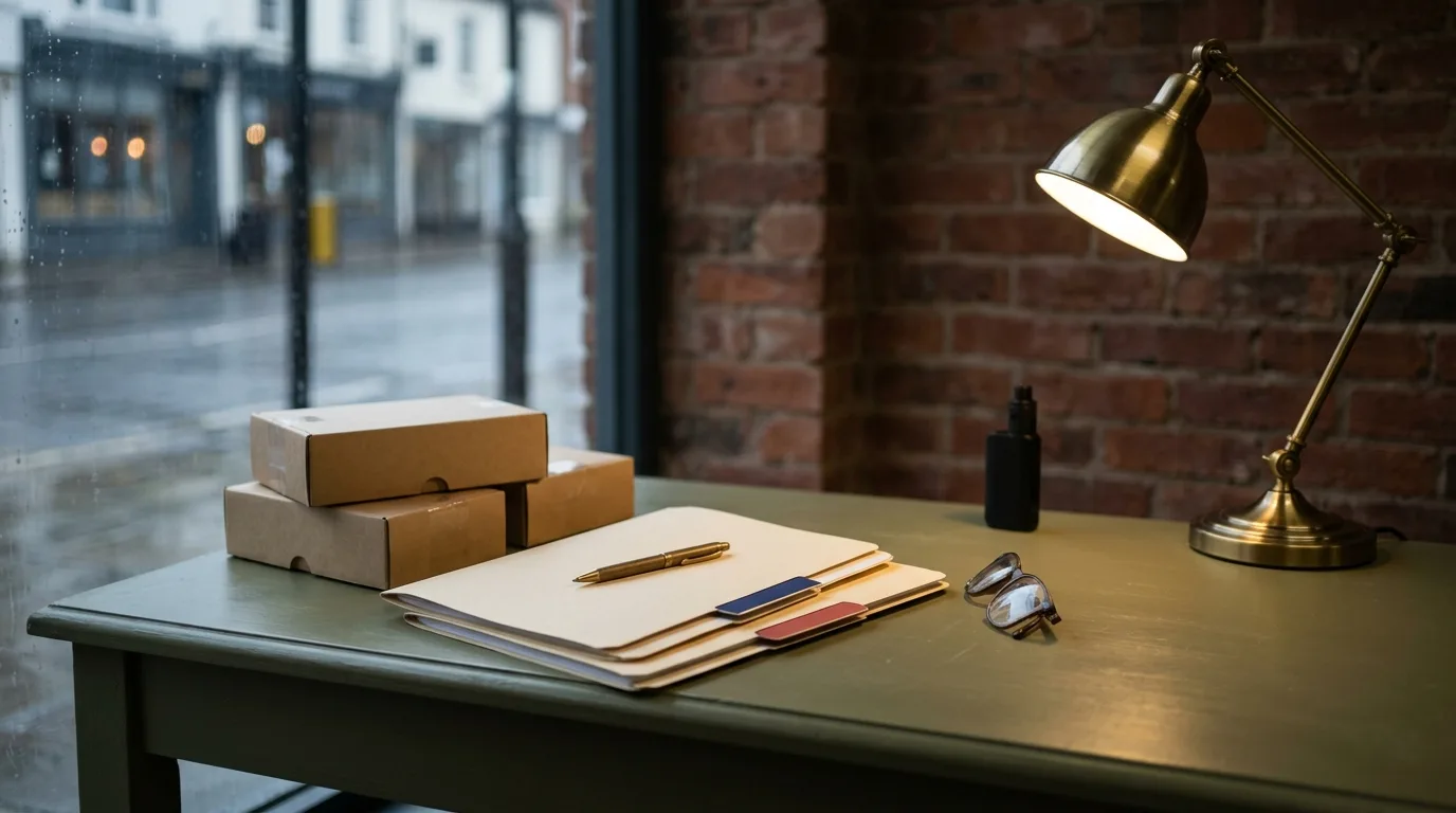 Closed folders and cartons on a vape retailer stockroom desk for premises record preparation