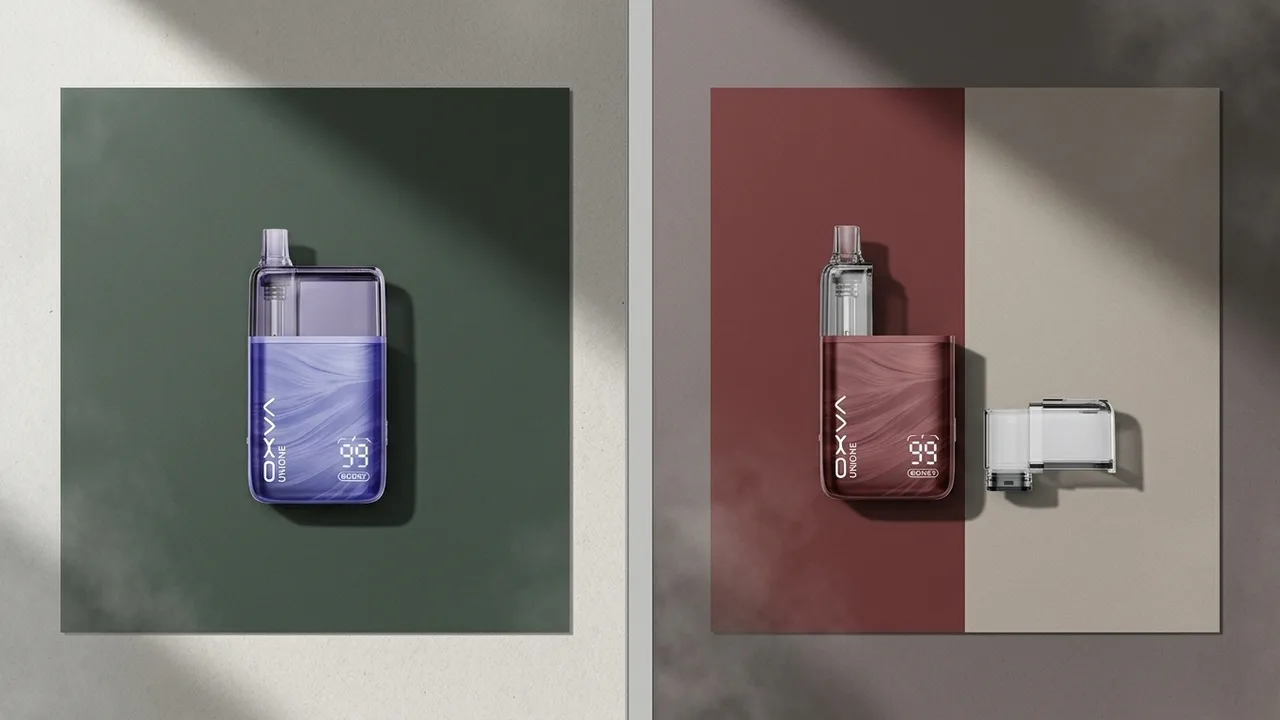 OXVA UNIONE Standard Kit and TPD Kit comparison showing the device beside the separate 8ml container.