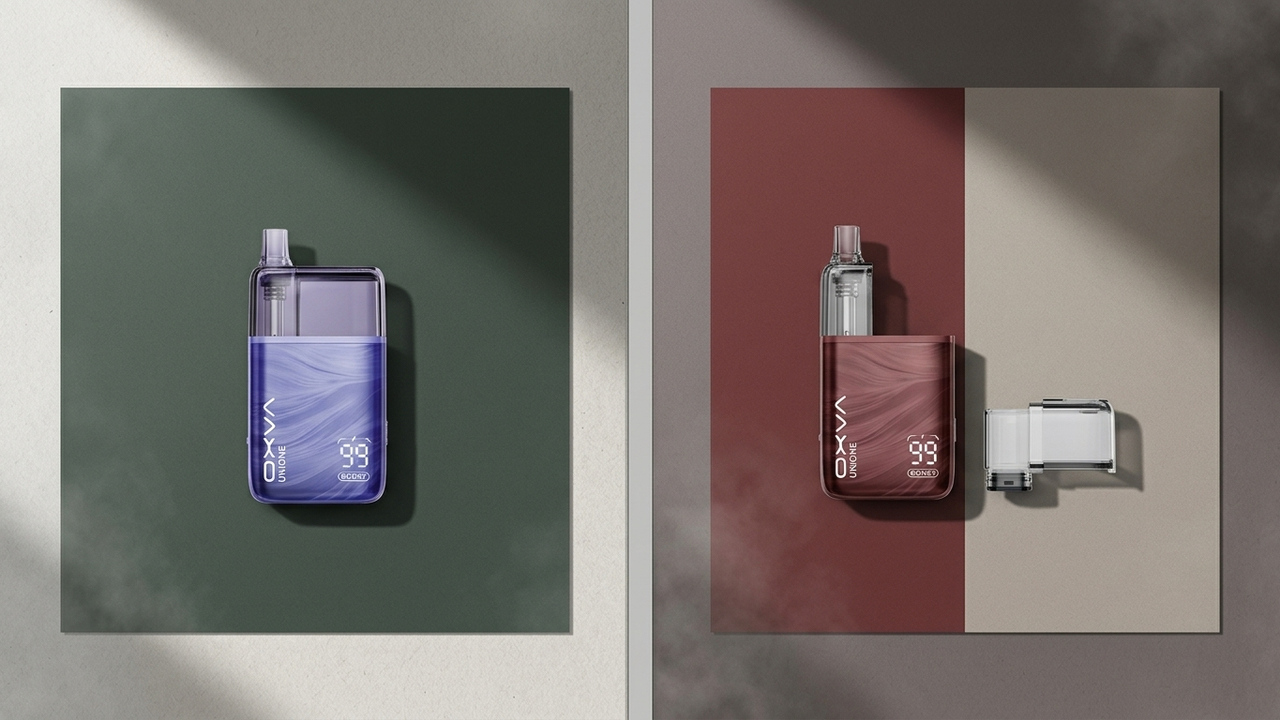 OXVA UNIONE Standard Kit and TPD Kit comparison showing the device beside the separate 8ml container.