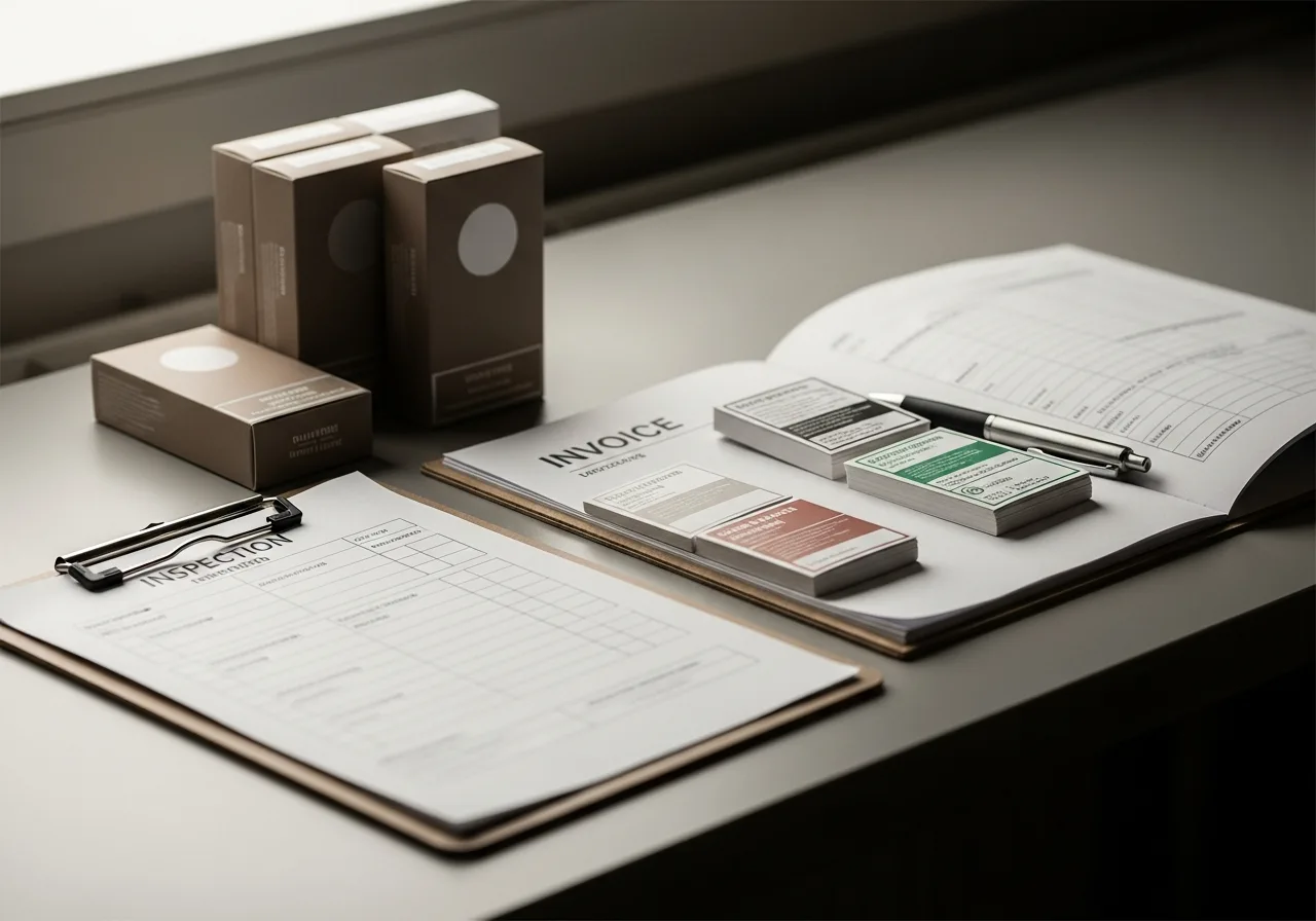Back-counter vape packaging review checklist with sealed generic boxes and supplier paperwork for a UK packaging-rules article.