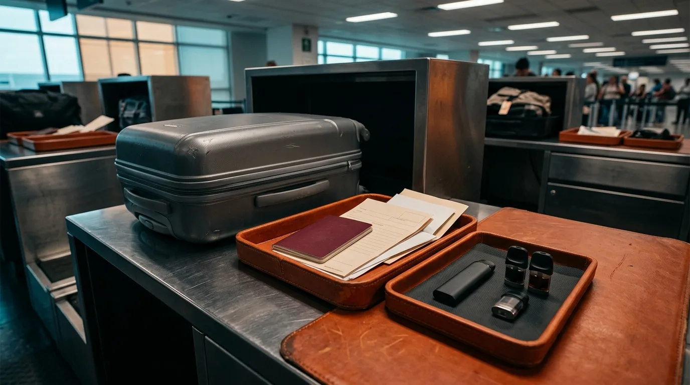 Airport customs counter with unbranded vape items separated from travel luggage