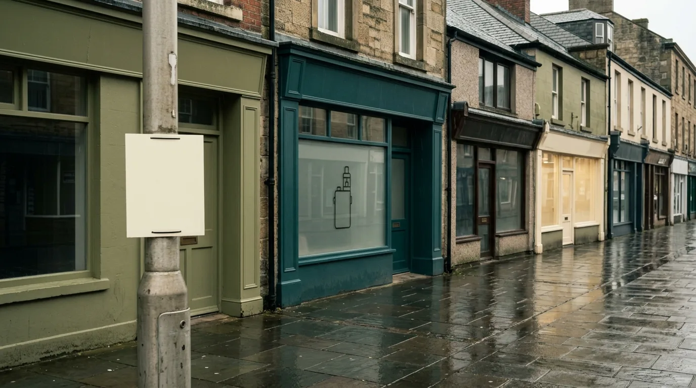 Mixed UK high-street shopfronts with a blank planning notice in the foreground