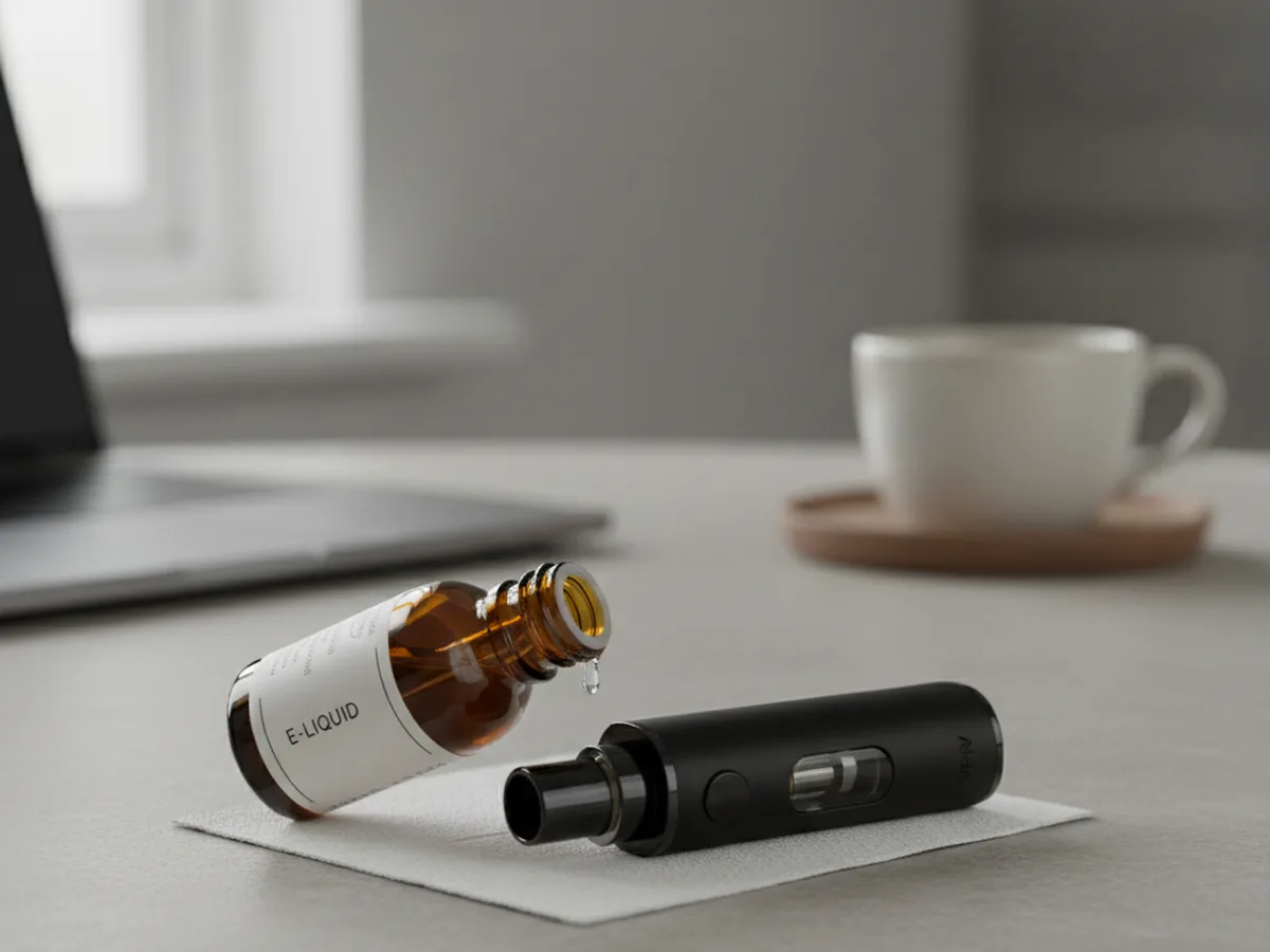Editorial desk scene showing refillable pod kit stock, calculator, margin notes, and invoices for a UK vape retailer planning pricing and cashflow.