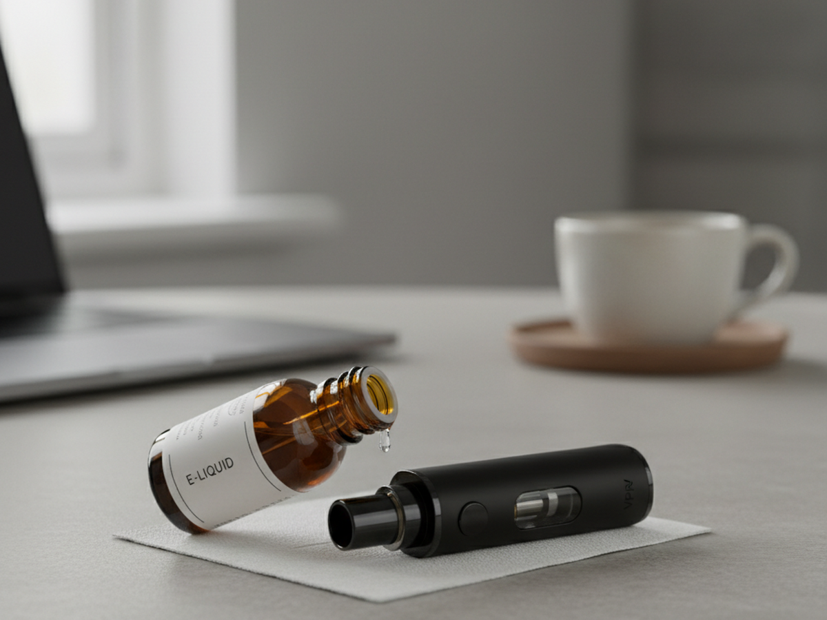 Editorial desk scene showing refillable pod kit stock, calculator, margin notes, and invoices for a UK vape retailer planning pricing and cashflow.