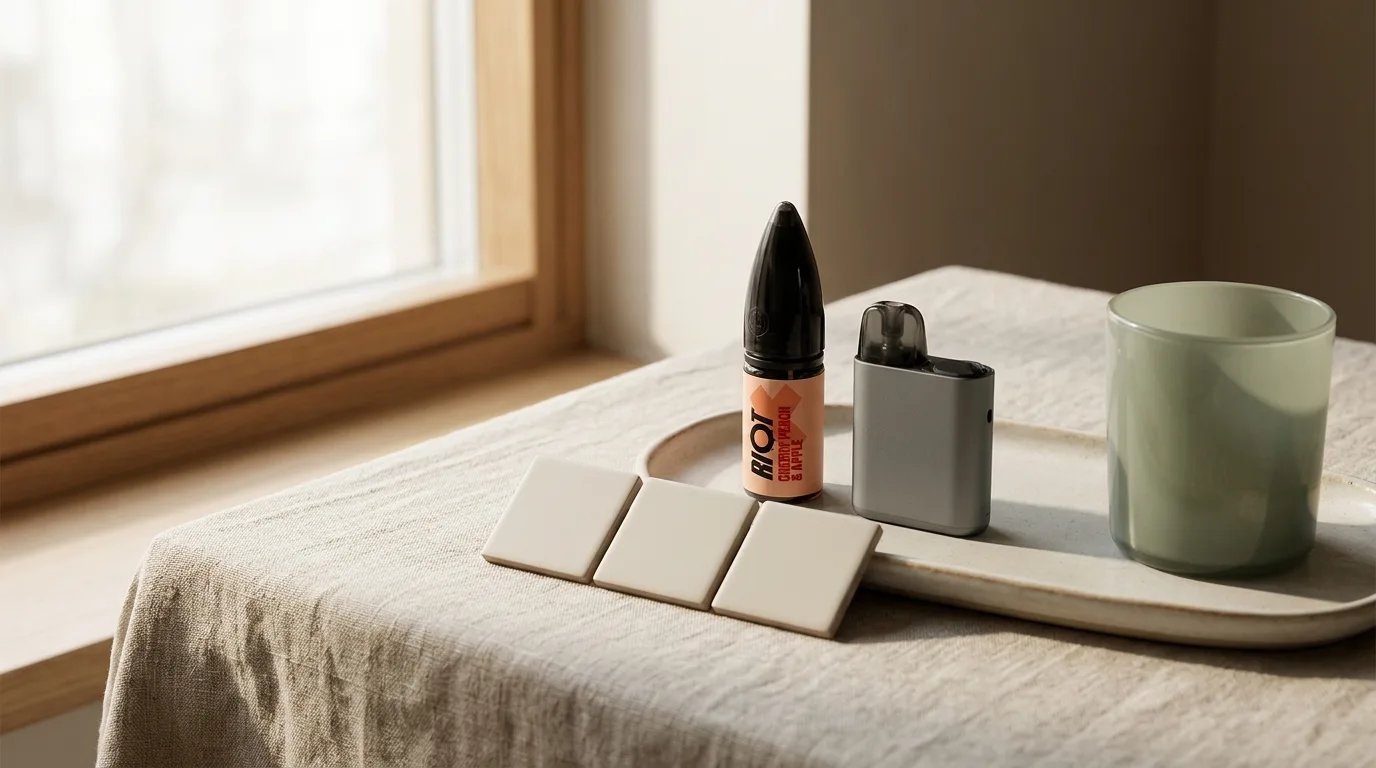 Riot X nic salt bottle beside a pod kit and three blank strength markers on soft linen.