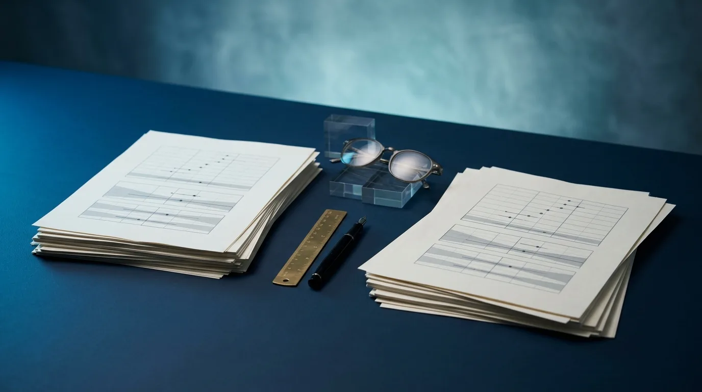Abstract statistical papers and confidence-interval shapes on an adult data-review desk.