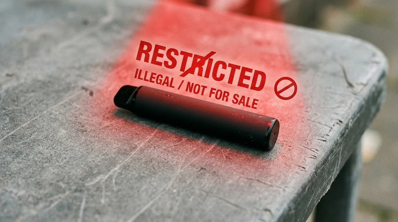A single-use disposable vape on a plain grey desk under restricted-product lighting, illustrating the UK ban.