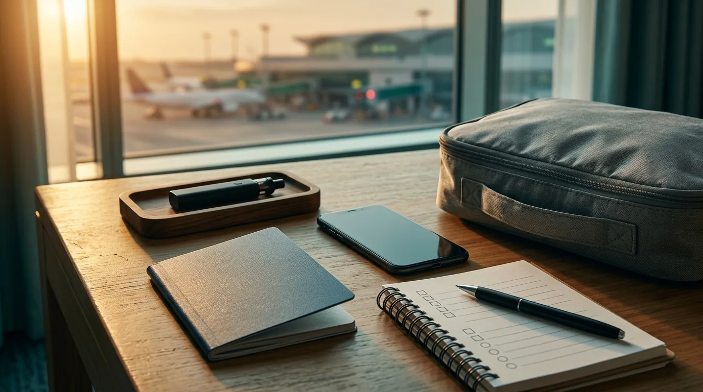 Travel packing checklist with a vape device kept separate from luggage.