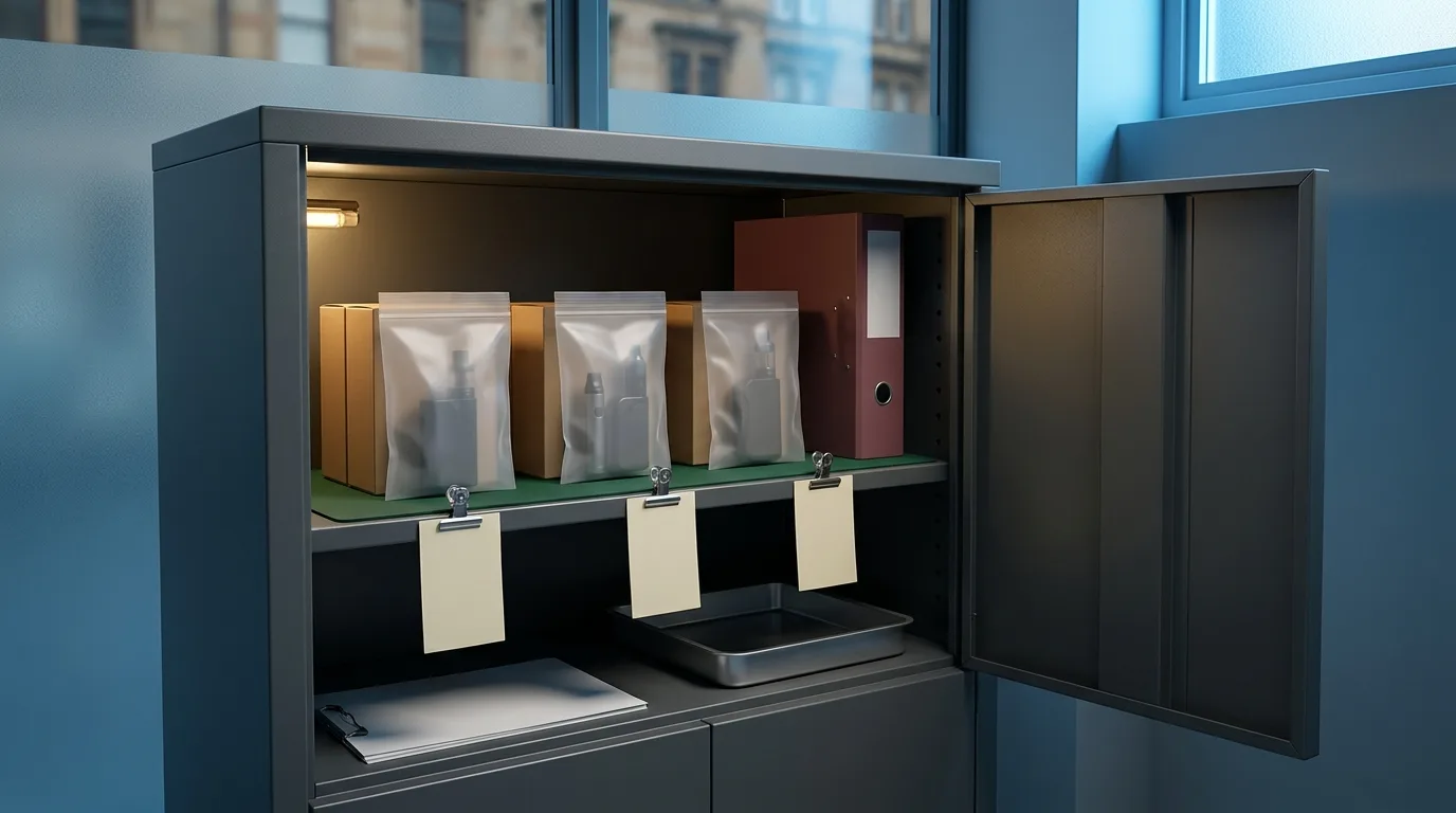Secure back-room storage cabinet with sealed blank cartons and anonymised vape evidence bags under calm inspection lighting.