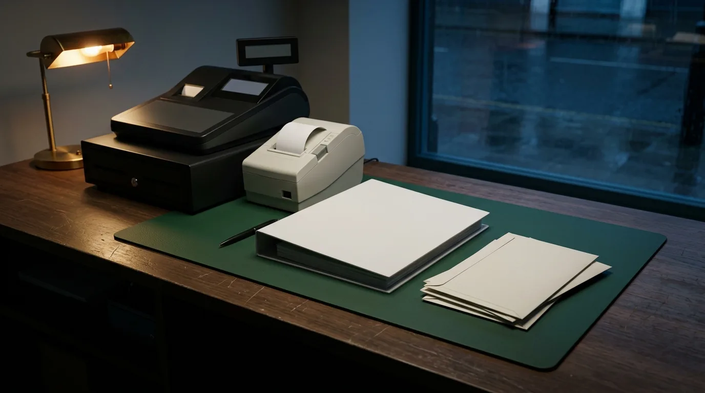 Closed retail counter with blank record-keeping folders and unmarked evidence papers.