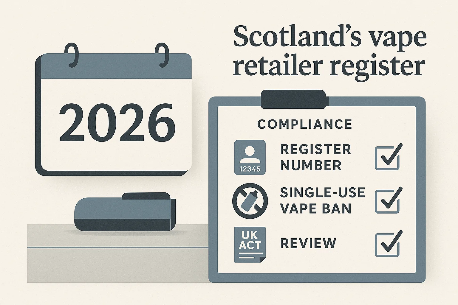 Editorial infographic showing a 2026 calendar beside a compliance checklist for Scotland vape retailer register checks.