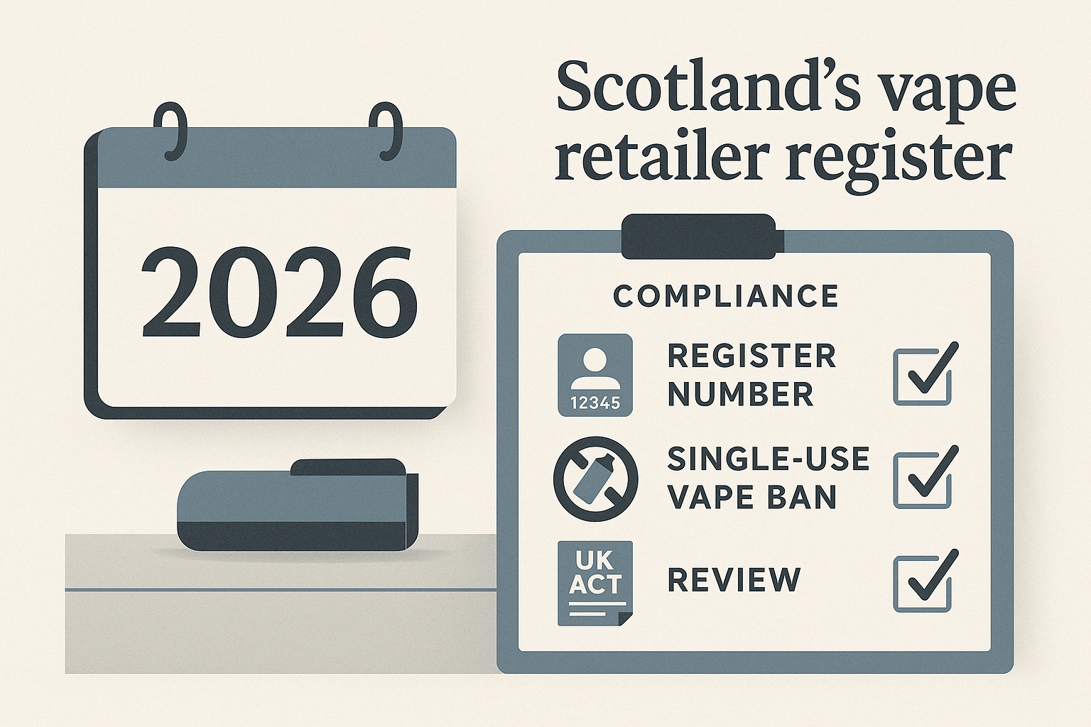 Editorial infographic showing a 2026 calendar beside a compliance checklist for Scotland vape retailer register checks.