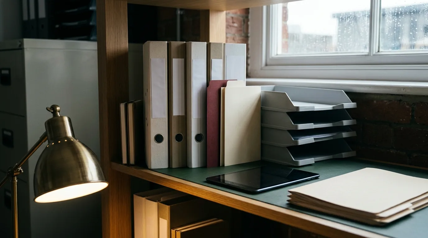 Blank compliance binders and file trays in a retailer back-office archive.