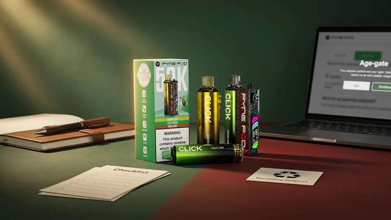 Pyne Pod Click 50K kit beside age-gate, product checklist and recycling return cues for online retail trust checks