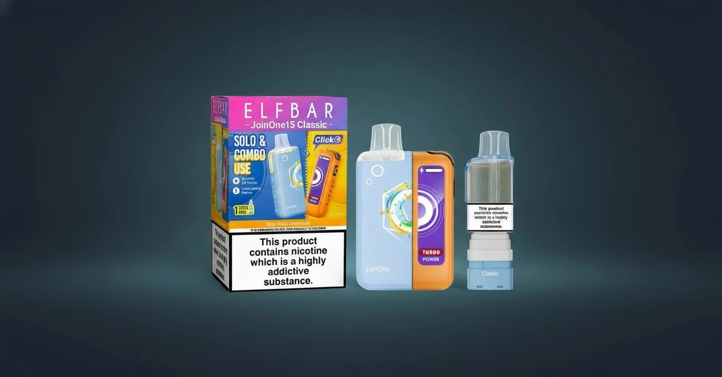 Elf Bar JoinOne15 Classic Blue Razz Lemonade kit — blue prefilled pod device with the Turbo Power HD screen lit, retail box and matching refill pod beside it on a dark teal studio backdrop. Shows the two-part JoinOne15 system: reusable device plus snap-on prefilled pod.