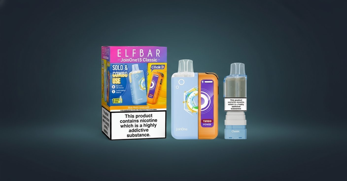 Elf Bar JoinOne15 Classic Blue Razz Lemonade kit — blue prefilled pod device with the Turbo Power HD screen lit, retail box and matching refill pod beside it on a dark teal studio backdrop. Shows the two-part JoinOne15 system: reusable device plus snap-on prefilled pod.