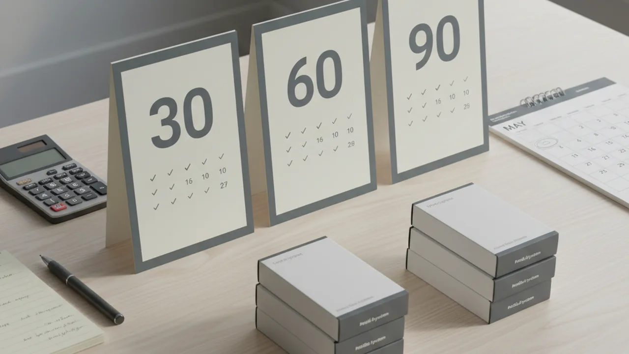 Editorial planning-board scene showing 30, 60, and 90 day continuity steps, stock-control checks, and refillable pod kit inventory for a UK vape retailer.