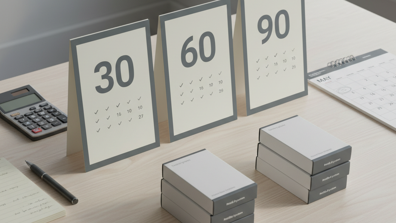 Editorial planning-board scene showing 30, 60, and 90 day continuity steps, stock-control checks, and refillable pod kit inventory for a UK vape retailer.