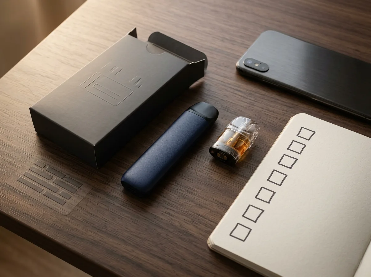 Flat lay of unbranded vape packaging, a device, blank checklist and phone prepared for reporting details.