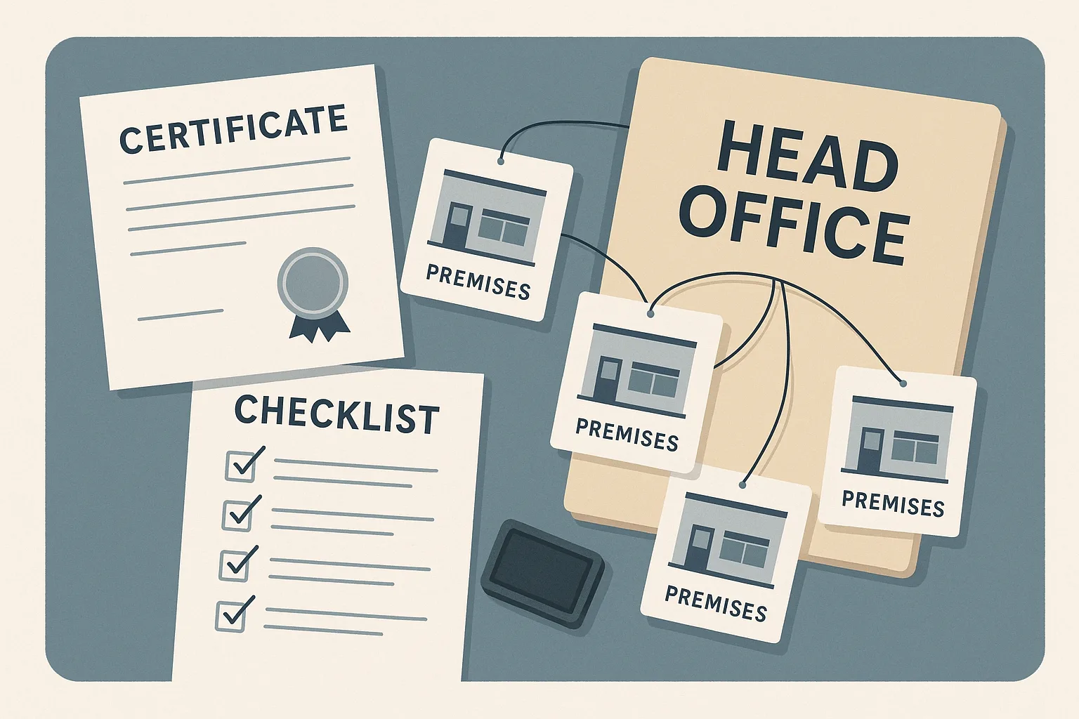 Overhead editorial illustration showing multi-site retail premises cards connected to a head-office folder, a certificate, and a checklist for Scotland vape register practicalities.