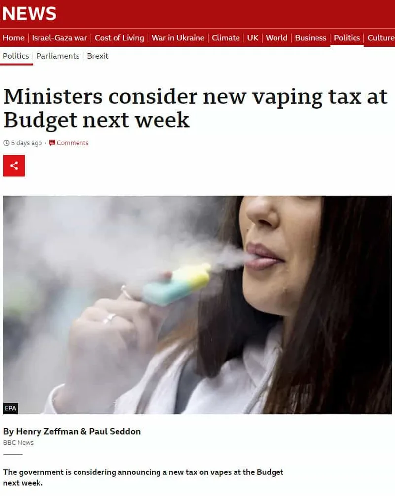 BBC News — Ministers consider new vaping tax at Budget next week