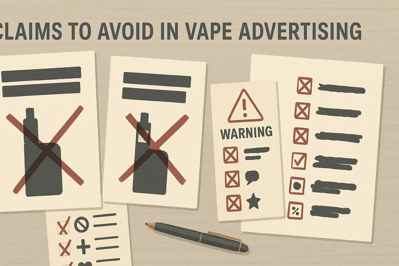 Compliance checklist graphic showing vape advertising claims to avoid, with redacted ad mockups, warning symbols, and crossed-out claim types.