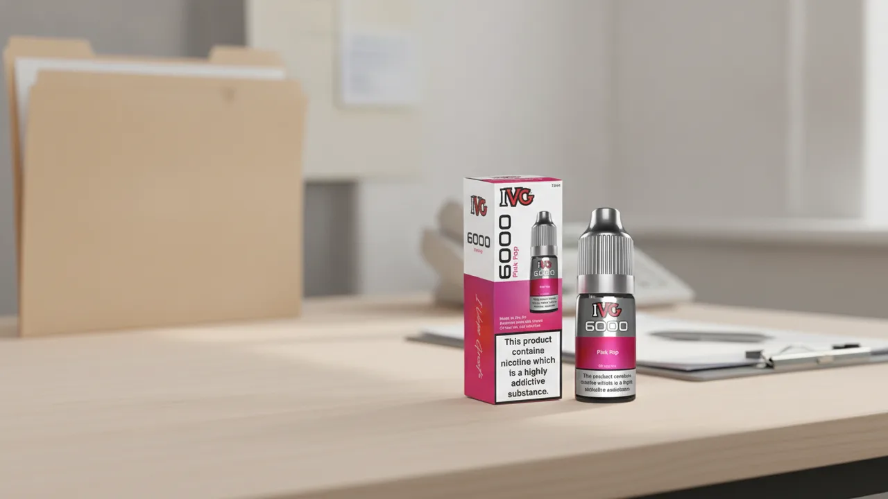 IVG 6000 nic salt bottle with ribbed child-resistant cap in focus, product-file folder and clipboard behind.