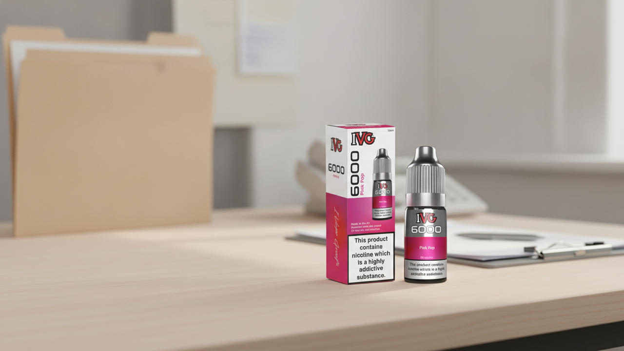 IVG 6000 nic salt bottle with ribbed child-resistant cap in focus, product-file folder and clipboard behind.