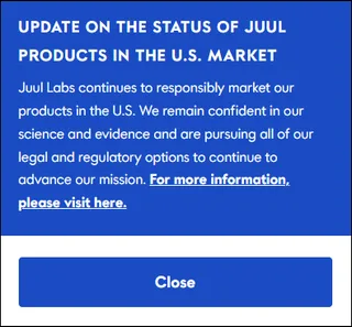 Pop-Up on the Juul Labs Website announcing US market removal