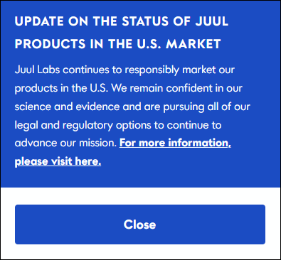Pop-Up on the Juul Labs Website announcing US market removal
