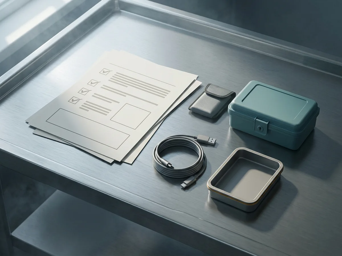 UK vape safety and legal basics still life with compliance checklist, charging cable, lockable storage box and recycling tray