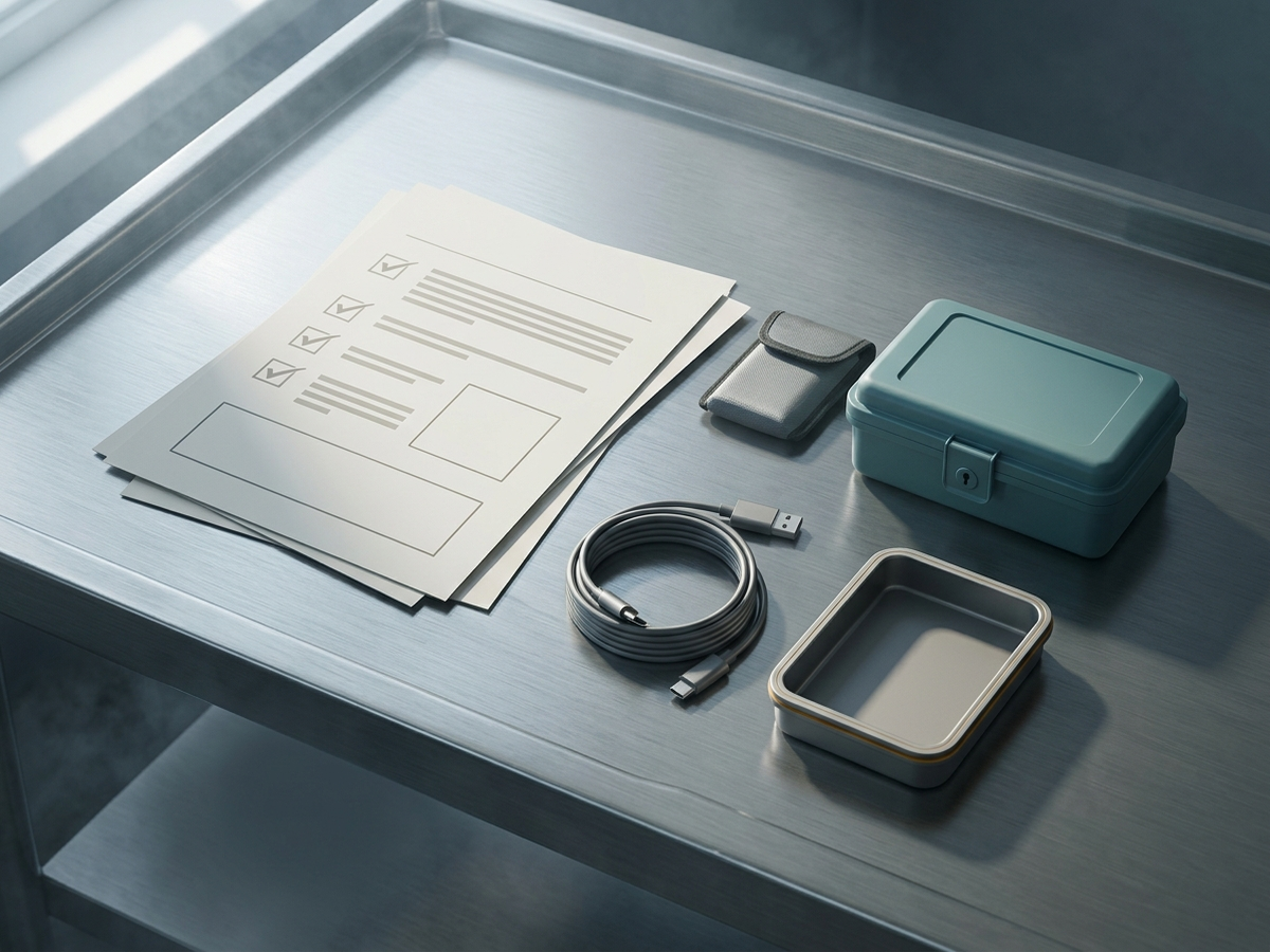UK vape safety and legal basics still life with compliance checklist, charging cable, lockable storage box and recycling tray