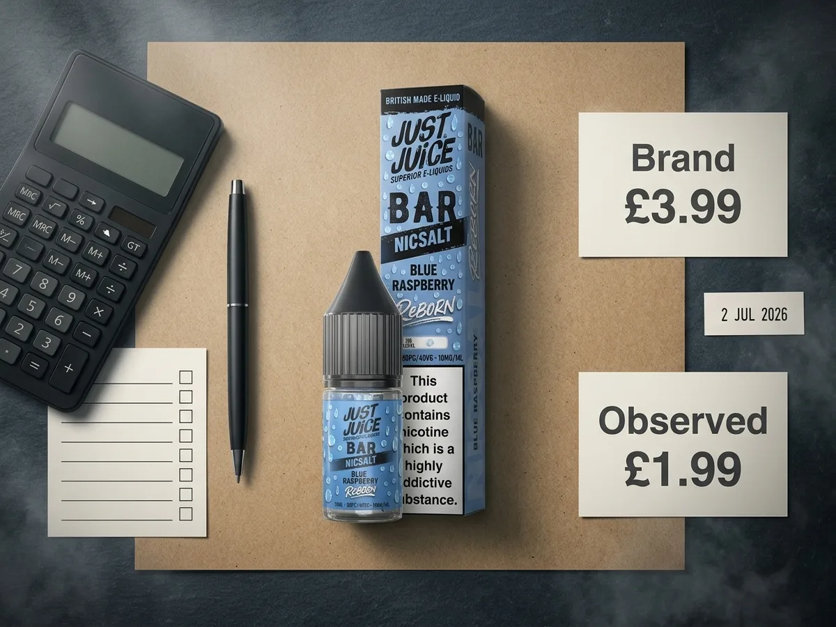 Just Juice Reborn Bar Salt bottle and box beside calculator, checklist and dated brand versus observed price cards.
