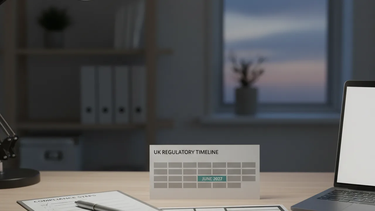 Adult UK vape operator desk with calendar date, compliance register and campaign review notes.