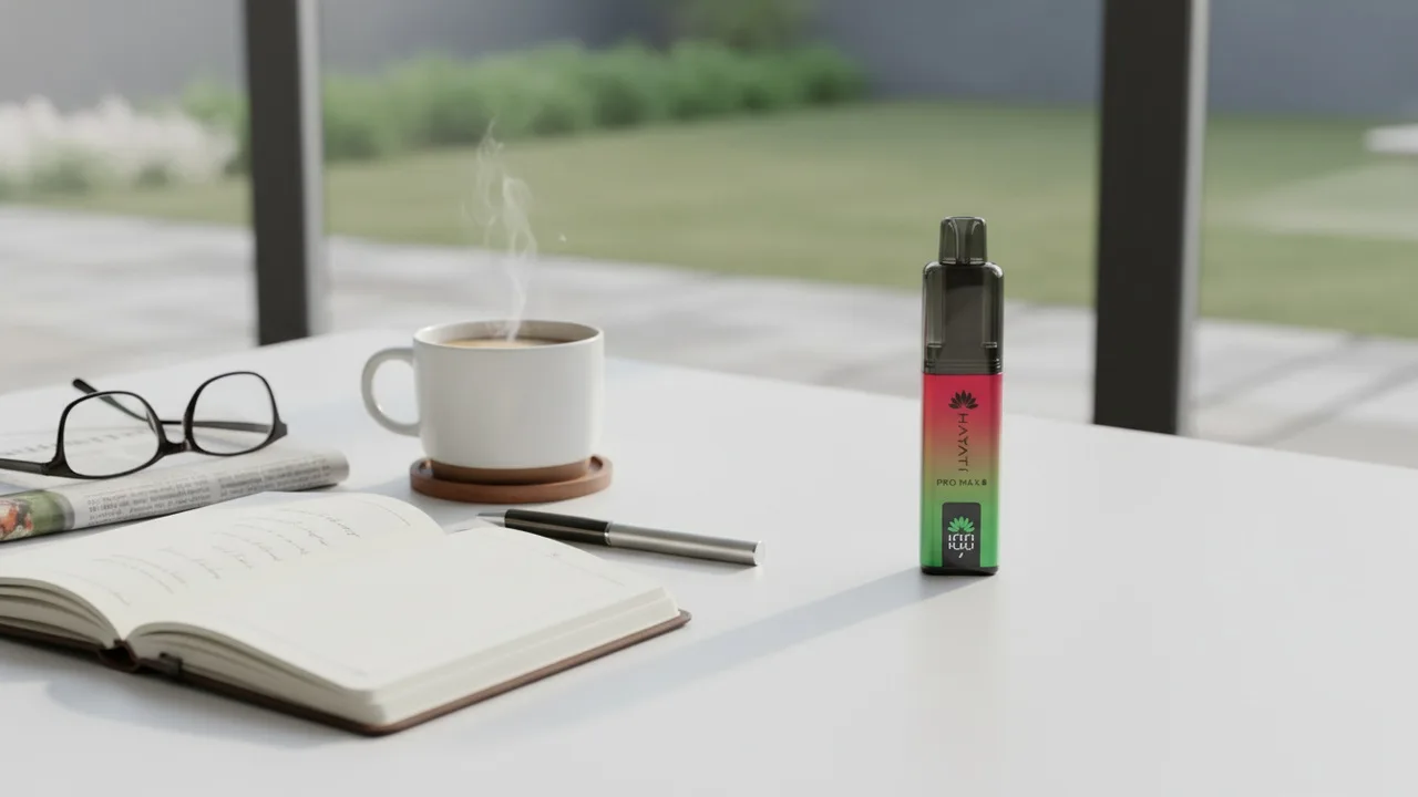 A real Hayati Pro Max Plus 6000 prefilled vape device on a desk in a UK adult-vaper lifestyle setting.