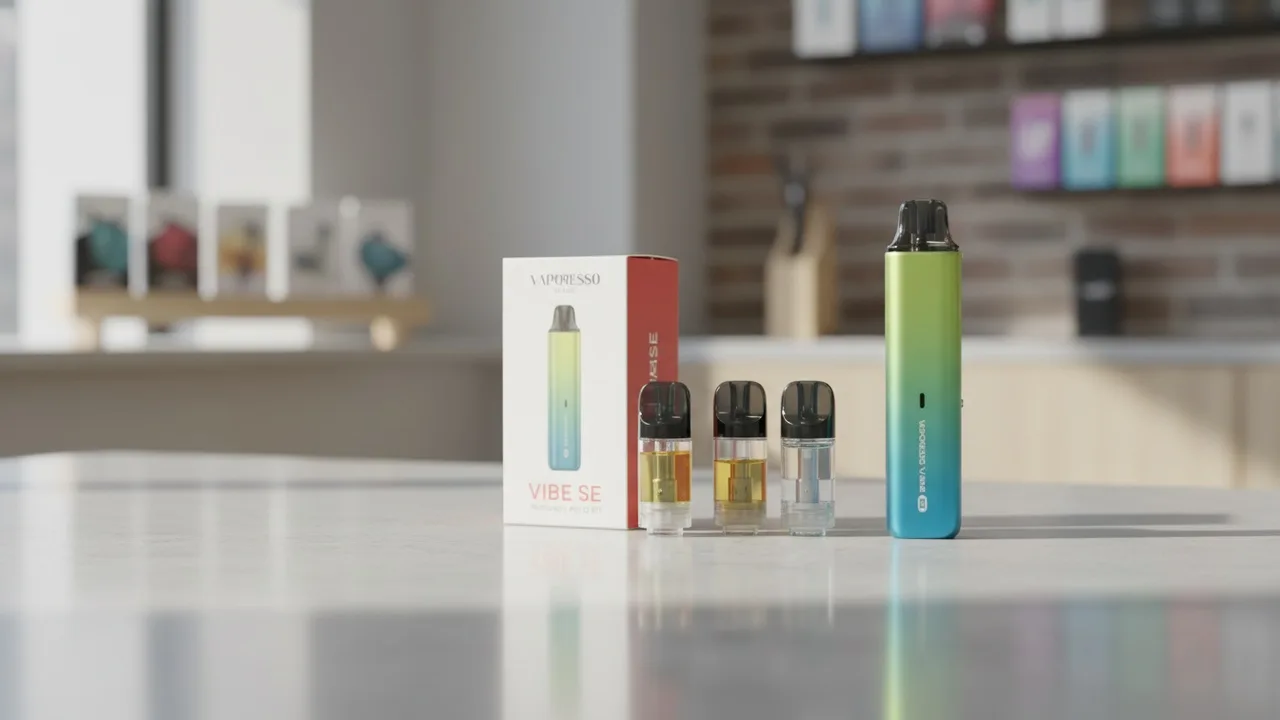 A real Vaporesso Vibe SE refillable pod kit with pods on a UK vape shop counter.