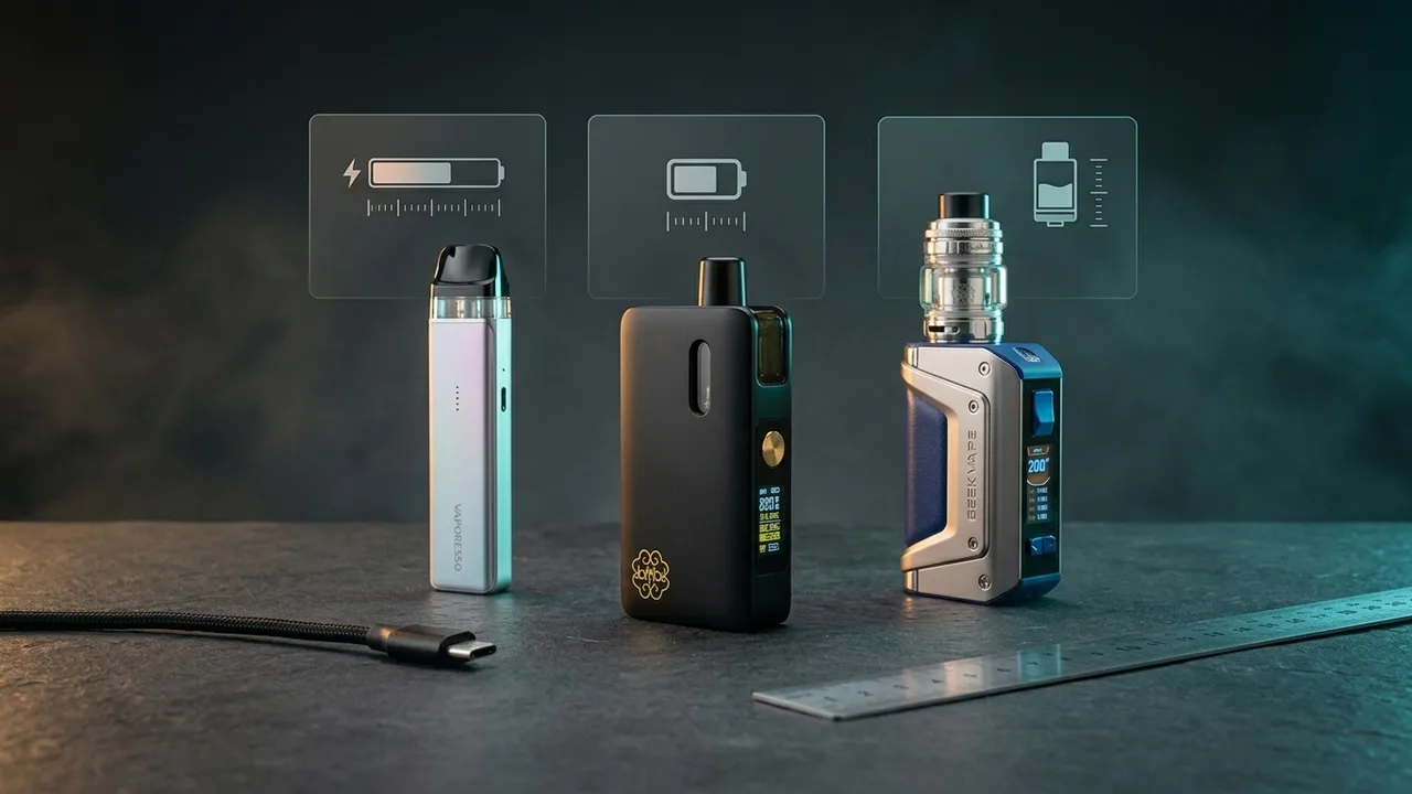 Premium DotPod Max pod kit compared with a slim refillable pod and larger vape mod on a dark slate comparison surface.