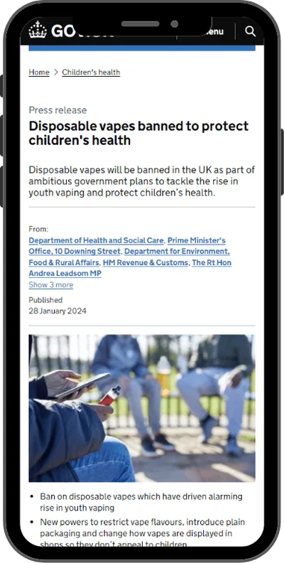 Gov.uk announcement — Disposable vapes banned to protect children's health